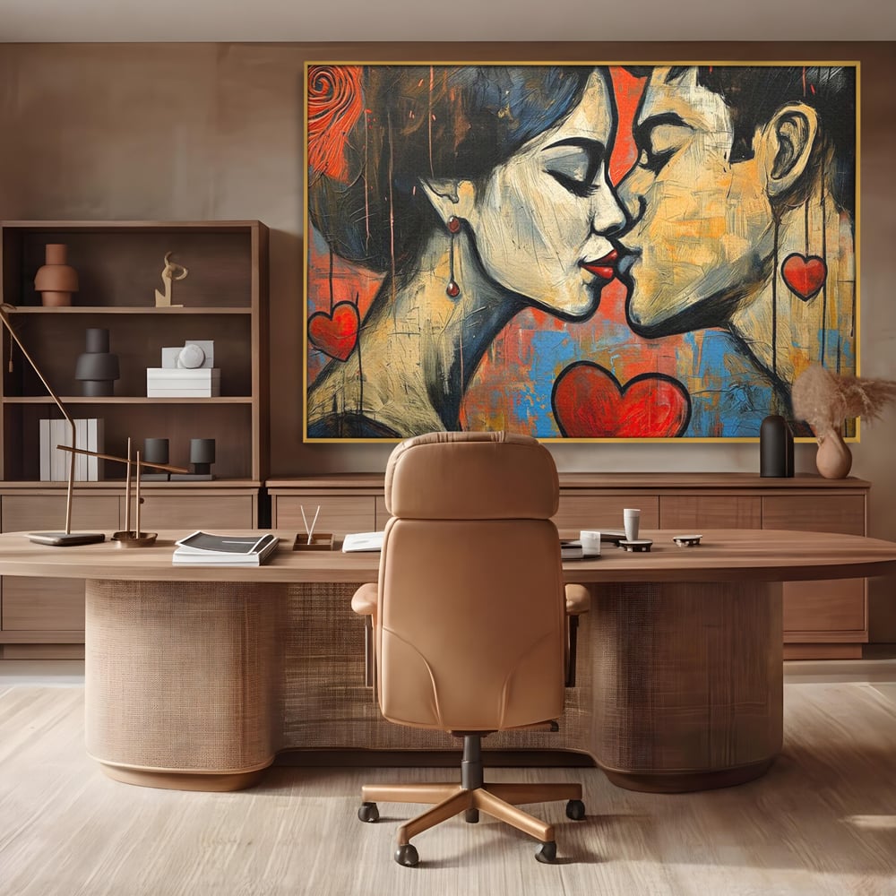 Tablou canvas cu tablou canvas cu sarut pasional, in rama de aluminiu auriu, pe perete intr-un birou